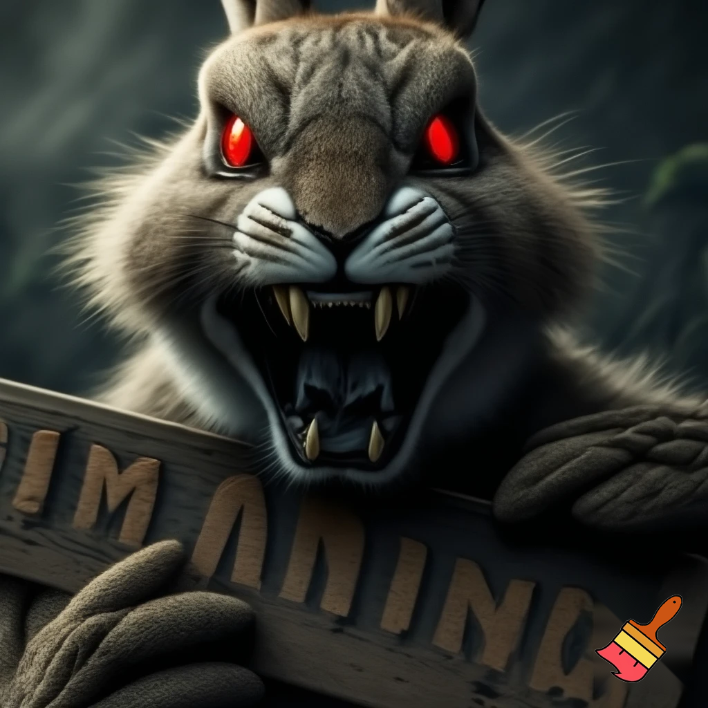 European rabbit, red glaring eyes, sharp teeth and fur, holding a sign, angry face, fighter smile