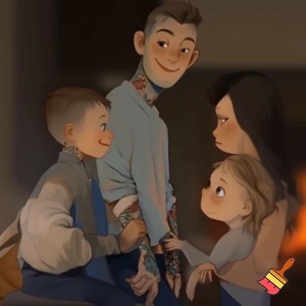 Draw a family 4 a dad with tattoos 7 year old sister 13 year old brother and the mum has tired under eyes 
