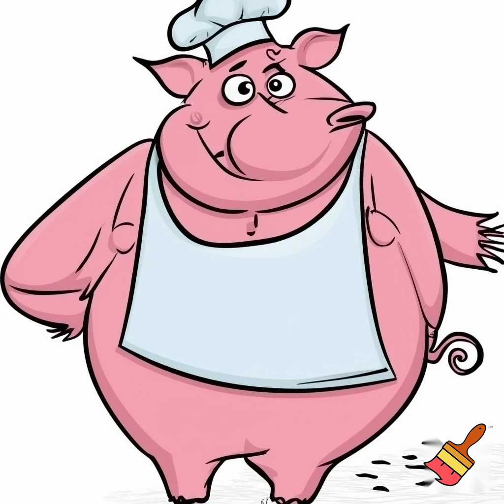 create a picture of a pig that has a white apron and a curly tail, cartoon style. He is a baker. Make it look like a drawing 