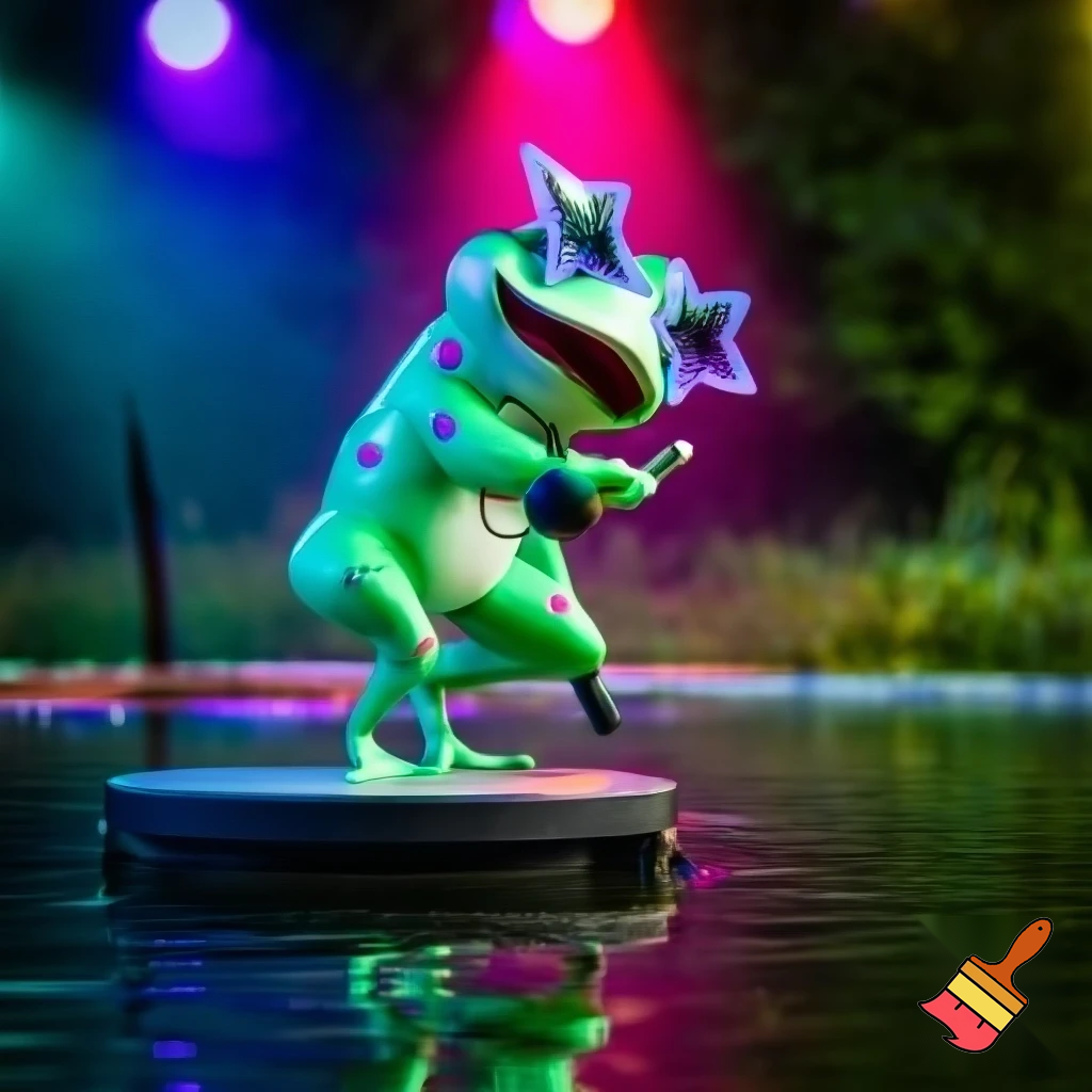 “Rana pop llamada CroakPop, de piel verde esmeralda con manchas rosadas brillantes. Usa gafas enormes en forma de estrella y un micrófono diminuto como collar. Se encuentra en un pequeño escenario improvisado sobre un charco iluminado por luces de colores. Pose estilizada de estrella del pop, ambiente divertido y vibrante, estilo caricatura detallada.”
