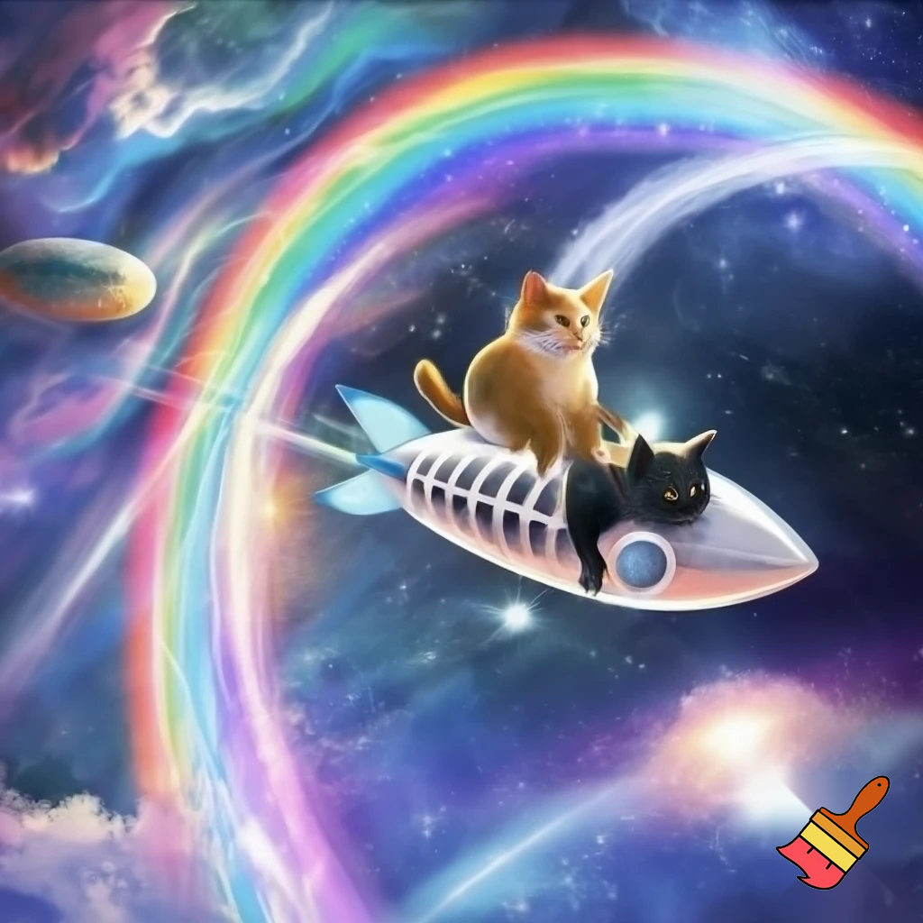 generate me, a cat flying through space with a friend and it has rainbows in the background
