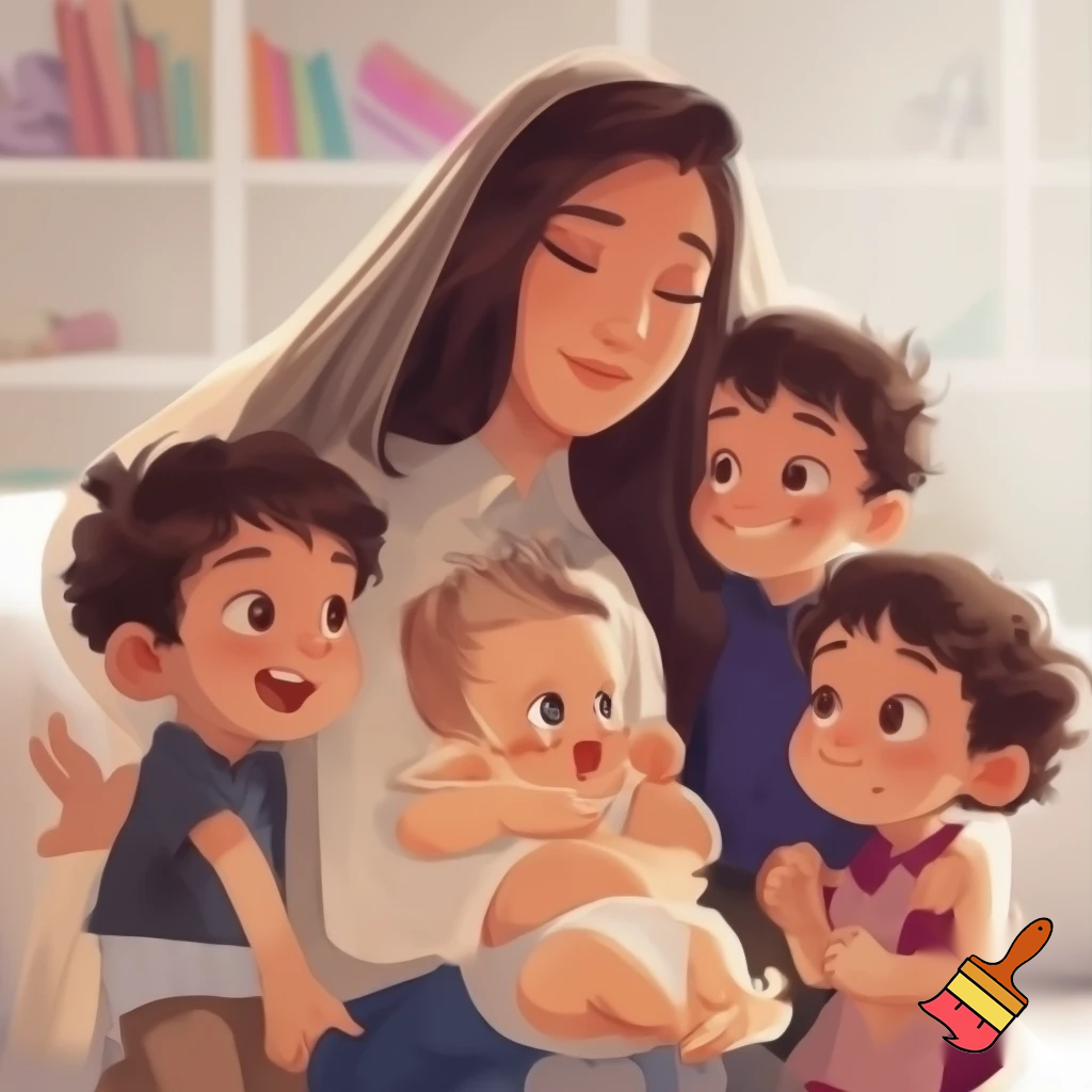 Je veux une famille normale avec une maman fine et voilée avec 3 garçons d'environ 10 ans une petite fille de 8 ans une fille de 4 ans et un bébé ils ont tous les cheveux noirs bruns et je veux pas de salon arabe juste la maman est voilee 