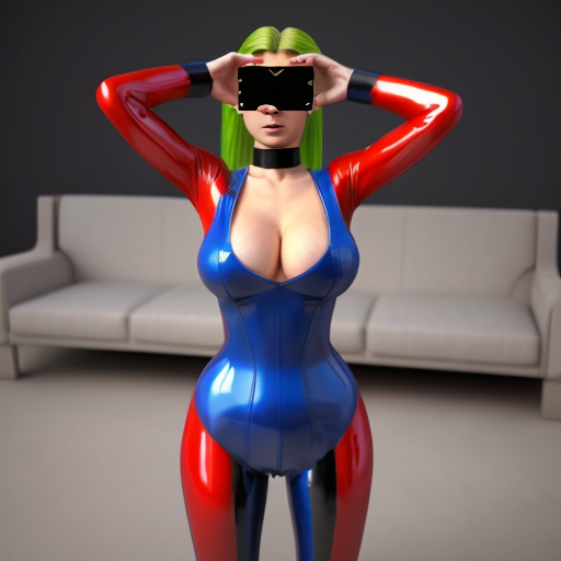 Sexy Samus Aran with high cleavage, smooth blonde ponytail in a blue latex jumpsuit posing sexually in 3D