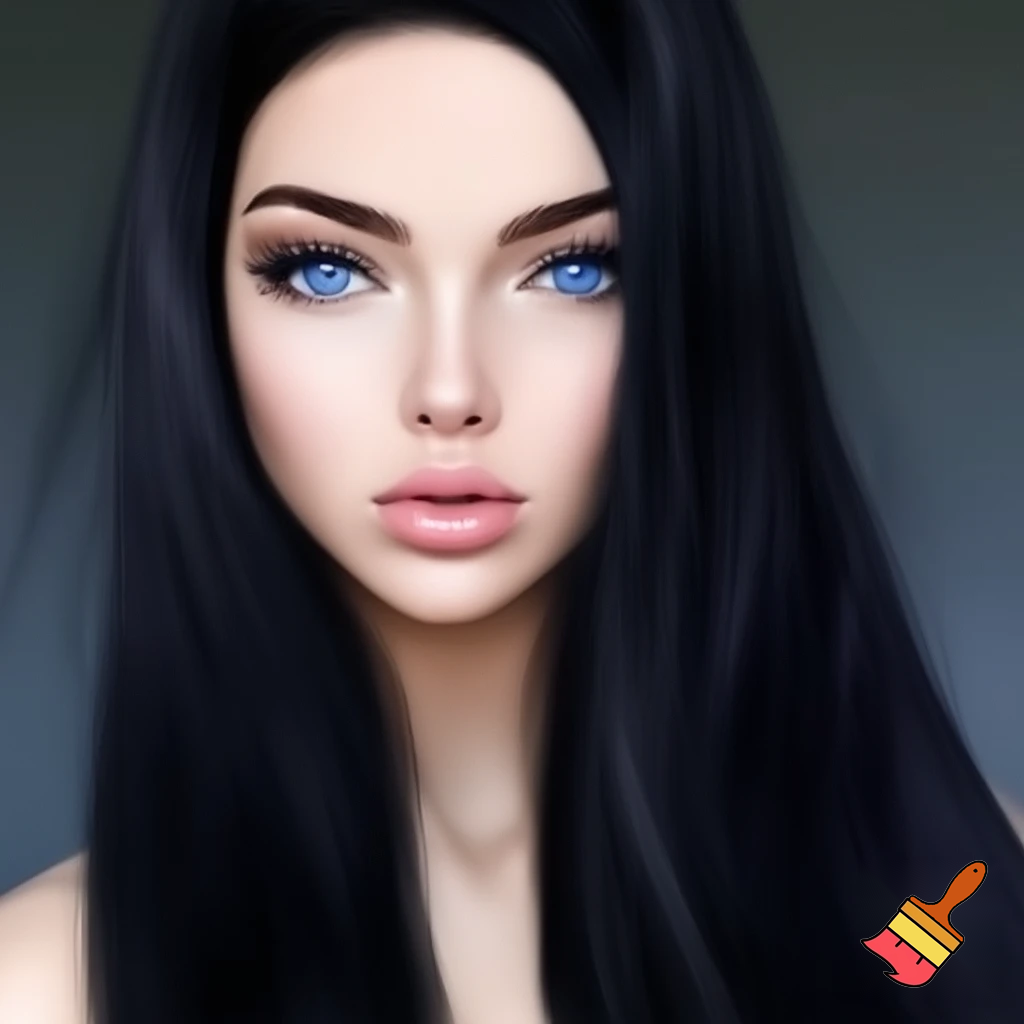 Female long black straight hair , ocean blue eyes, white skin drawing
