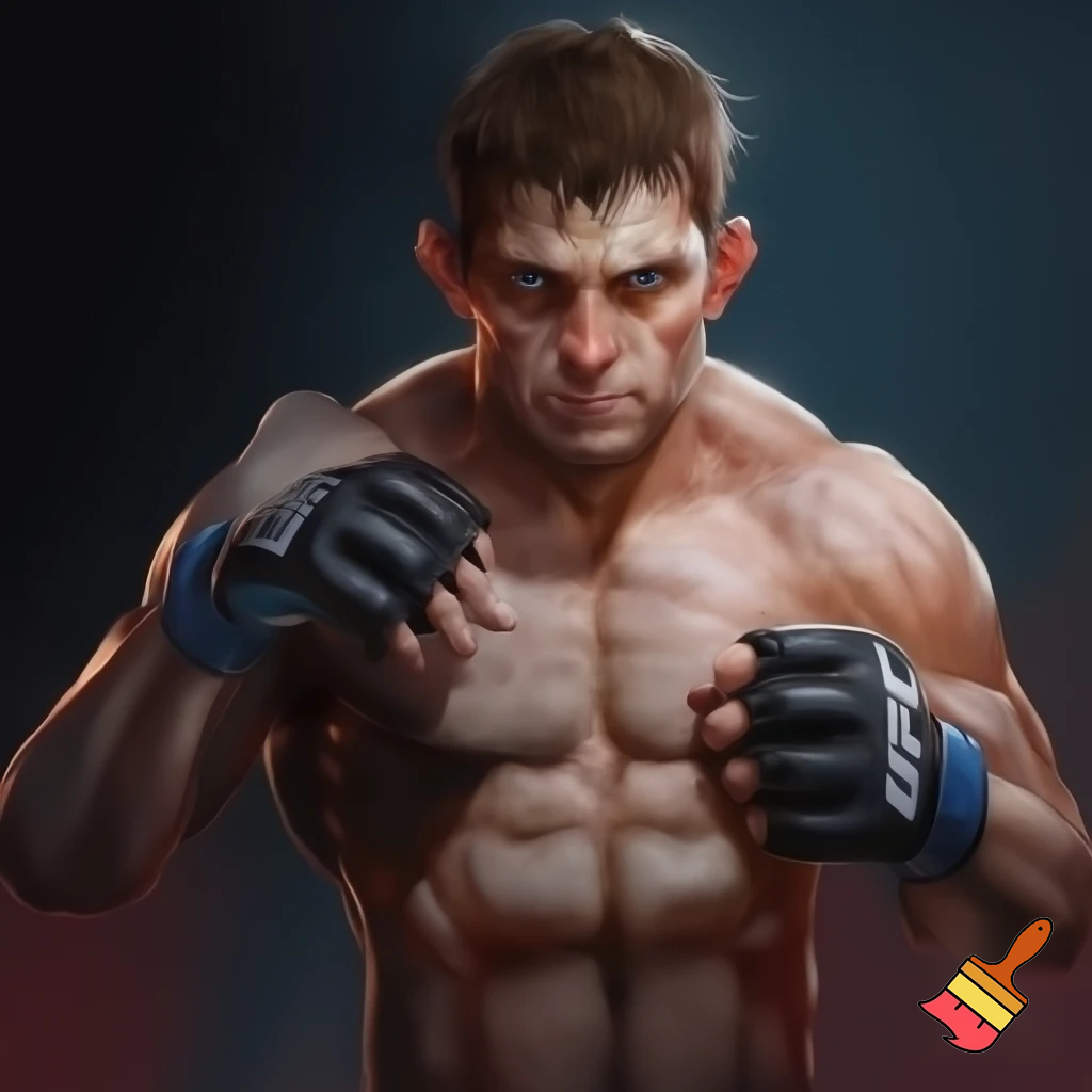 A mixed martial artist who has gone down two weight classes for a fight. His cheeks are sunken and his ribs are visible and his muscles stand out alarmingly. Nonetheless, he stands tall and steady. His eyes are watery blue, his hair is brown and his ears stick out. 