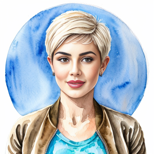 Tomboyish girl with huge muscles, Clipped Pixie haircut, round face with a defined jawline, thick and muscular neck and large and rounded breasts in unbuttoned jacket over blue T-shirt 