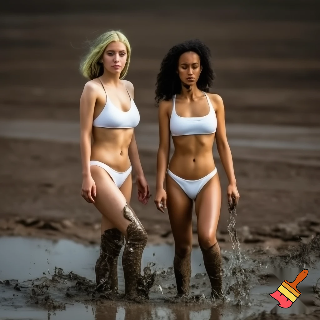 Women in a white bikini standing in a mud puddle. 
