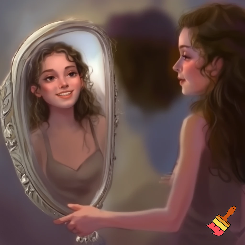 A slim twentyone year old woman with pale skin and dark brown long curly hair, depicted from head to toe, watching herself happily in a mirror.