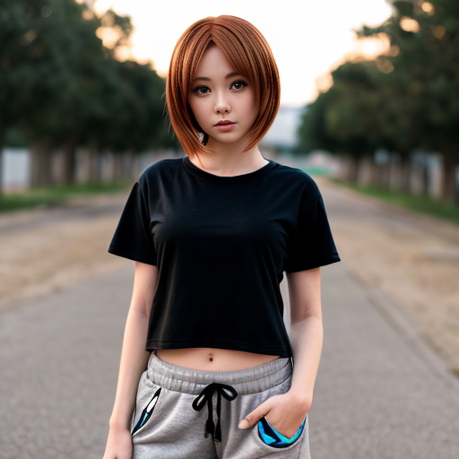 brown-red haired anime girl with a flat chest, kandi, black sweatpants, a black t-shirt, wolf cut hair, brown eyes