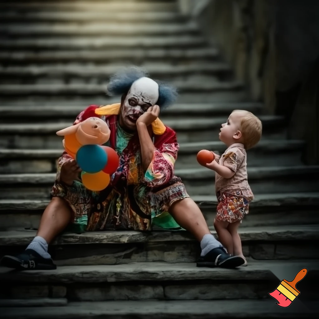 A heartbroken clown sits on an old stone staircase, holding his face with one hand. He wears a vividly decorated, brightly colored costume, full of patterns, with slight wrinkles from wear. In front of him, a young child looks at him, gently offering a ball with one hand while holding a rabbit-shaped balloon in the other hand, near the clown’s. The scene is bathed in soft natural light, creating a calm and melancholic atmosphere, with cinematic depth, detailed textures, and a tender emotional connection between the clown and the child. The image is ultra-realistic, 4k, with full cinematic style