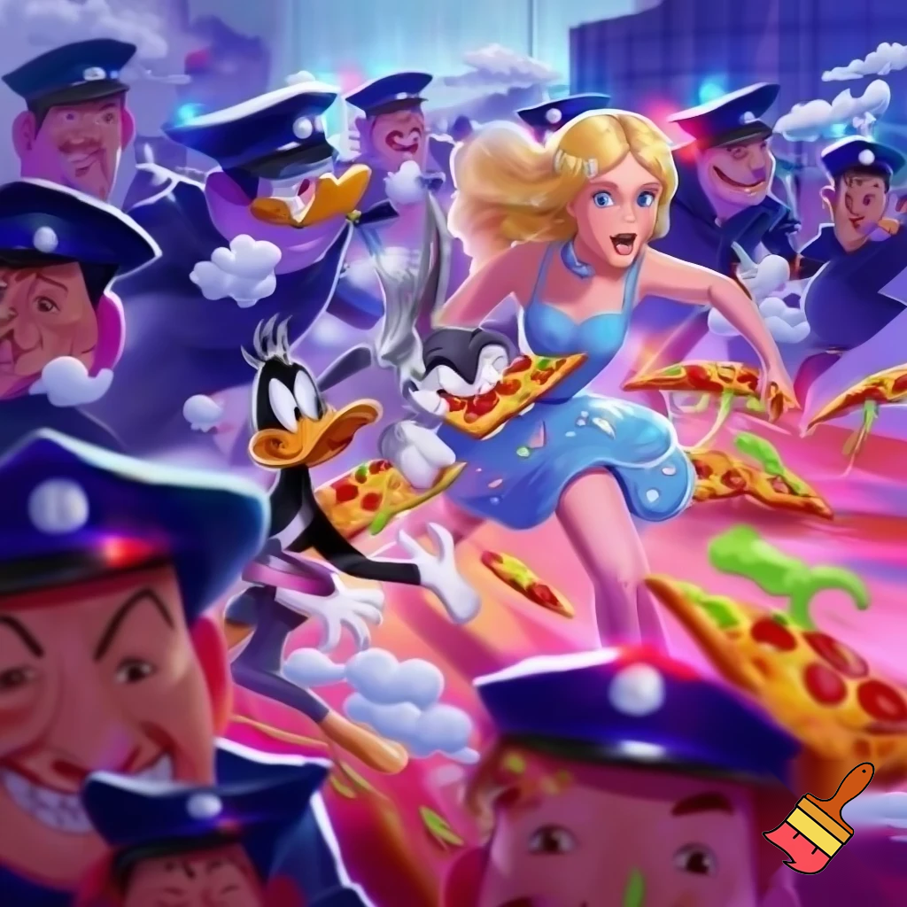 Barbie and Alice angel see bugs bunny and daffy duck running from the police while eating slimey, rotten pizza while farting