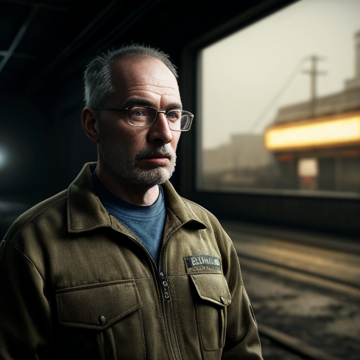 Cinematic portrait of Ingeniero Valdés, a rugged elderly scientist with weathered skin and sharp grey eyes. He wears a heavy olive-drab tactical field jacket over a dark red sweater. Messy salt-and-pepper hair, thick dark-rimmed glasses with visible scratches. Holding a retro-futuristic bronze device with glowing blue tubes. Hyper-realistic, 8k resolution, detailed texture, dark workshop background with floating dust particles, gritty atmosphere, moody lighting.