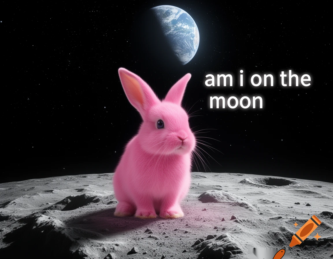 pink rabbit on the moon saying am i on the moon