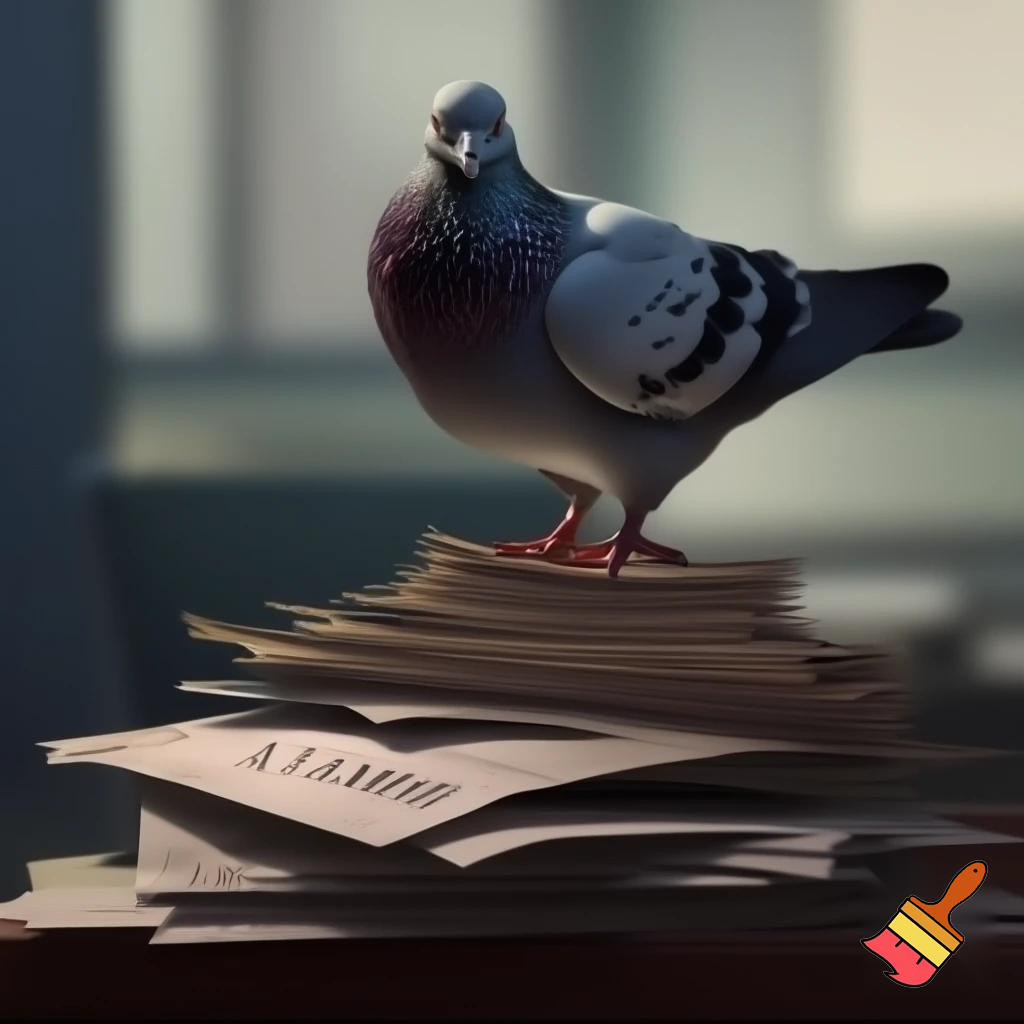A pigeon on top of a pile of papers with the words "Income Tax" written on them