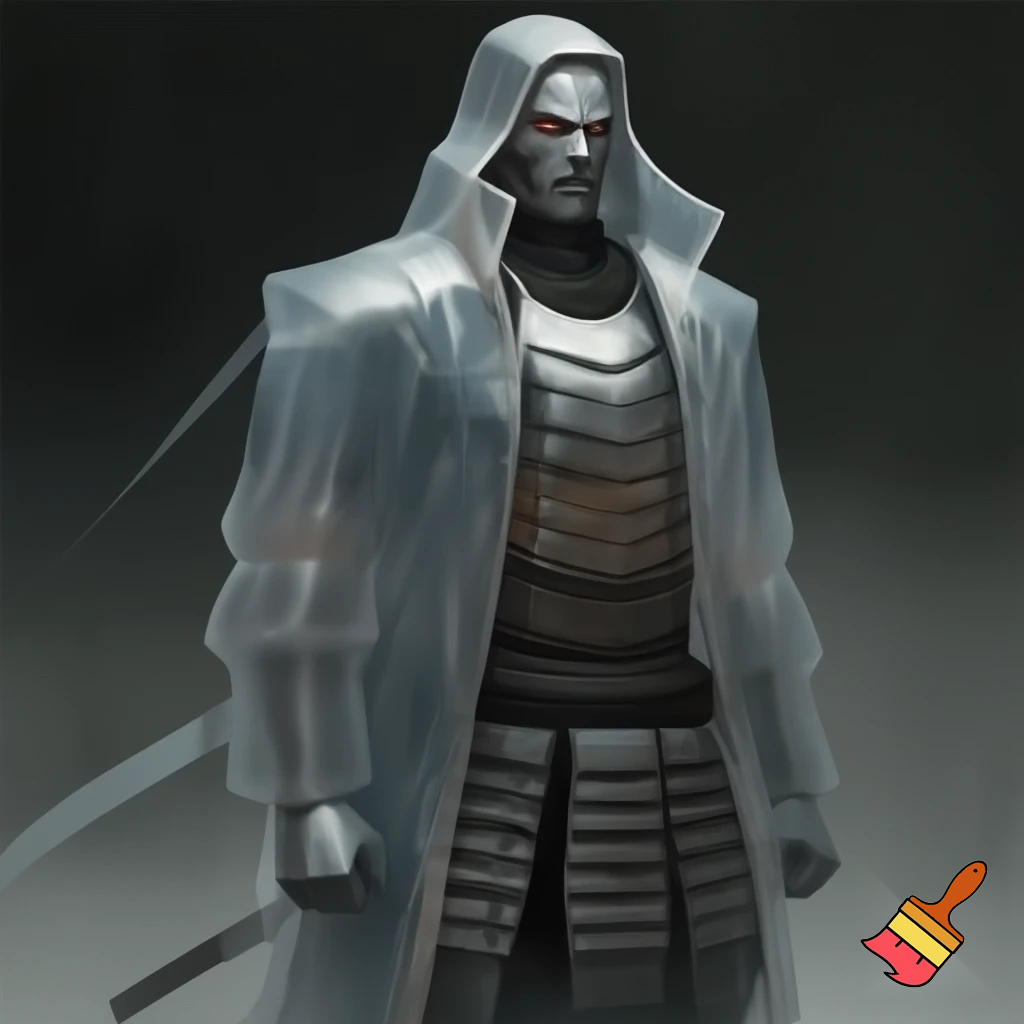Samurai transparent trench coat chrome and grey armor

