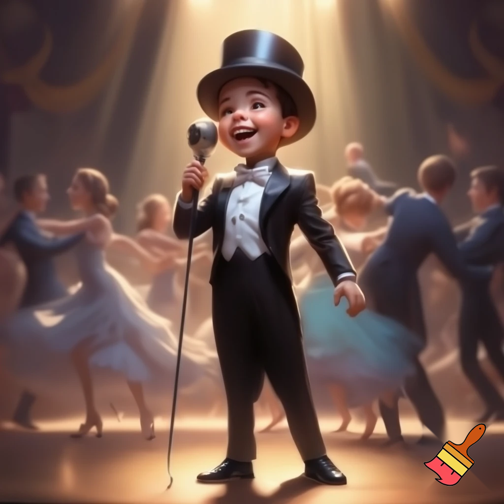 Preteen Boy in Shiny Top Hat White Bowtie Black Tailcoat Black Shoes Singing in Microphone on a big Stage. Behind him Ballroom Dance Kid Couples Dancing, Boys in formal stylish Tailcoats, Girls in beautiful Ballroom Gowns