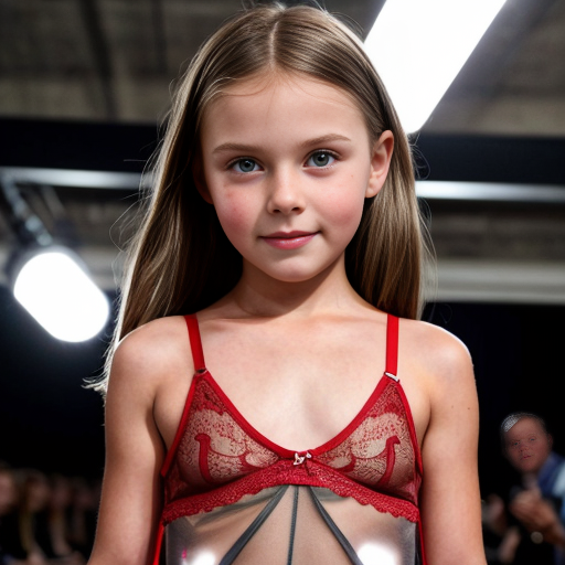 Crea imágenes tipo fotos realistas, donde haya 2 niñas rubias de 10 años modelando en una pasarela para un concurso, que esten vestidas con ropa de lenceria roja transparente