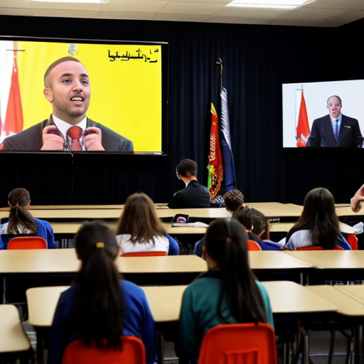 Students watched a recording of the speech delivered at a school assembly in Abu Dhabi.
•	The speaker begins in a calm voice and pauses briefly before the word “future.”
•	When he says “the potential of our youth,” he raises his voice for emphasis.
•	He points toward the students sitting in front of him and smiles.
•	A large screen behind him shows images of rockets launching and students studying in classrooms.
•	The audience begins clapping before the speech ends, and the speaker nods in response.
