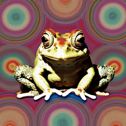 A hillarious, funny boho toad with some hippie colored coffee cups. Psychedelic decorated background, hyperrealistic. Close-up view.