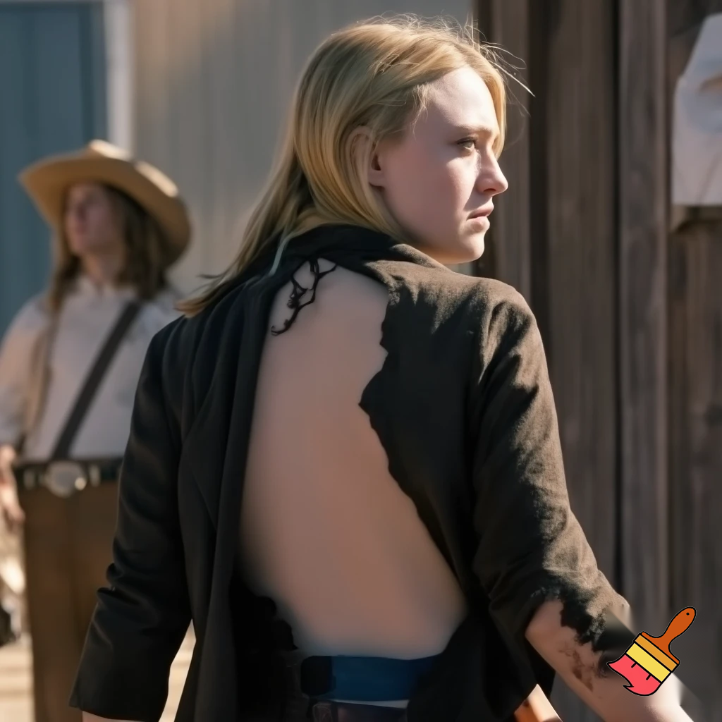 Dakota Fanning, various poses, torn clothes, wild west street scene, close up shot, breast exposed, walking away looking over her shoulder 