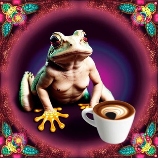 A hillarious, funny boho toad with some hippie colored coffee cups. Psychedelic decorated background.