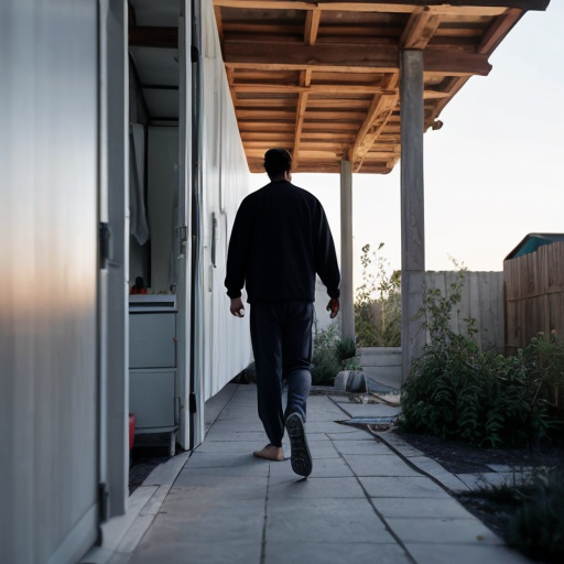 He is has just woken up. He gets out of bed in his boxes and walks through his house. He eventually walks outside. The morning breeze hits him