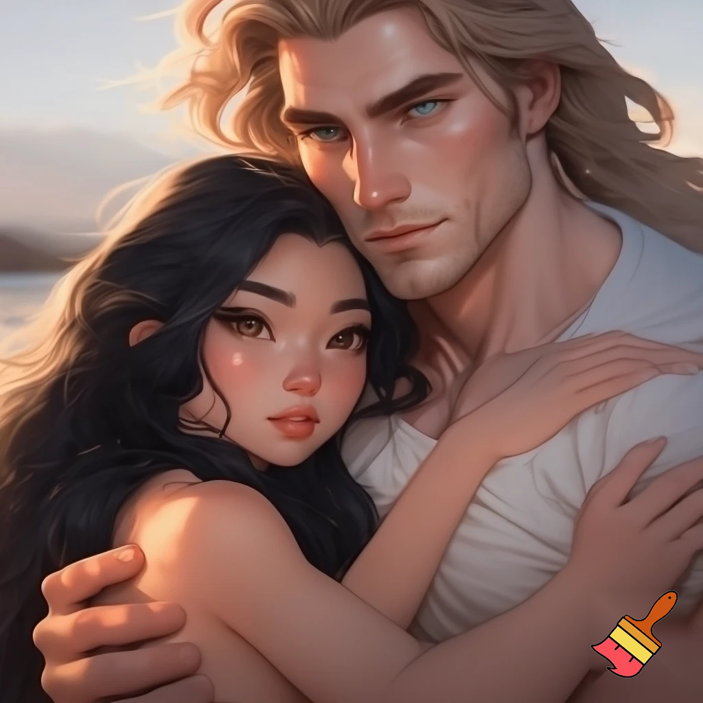 A happy couple, cute, small young woman of Asian descent, with pale skin, put emphasis her cuteness, beauty, femininity, neoteny and innocence , give her large cute neotenous eyes, give her black beautiful flowing hair, warmly hugged by a massive, handsome, heavily white, nordic, European built man with blond hair hair, who conveys intimidating strength but maintains a calm demeanor