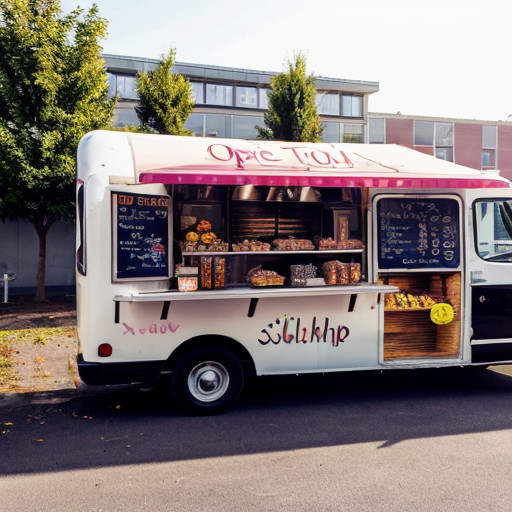 Geöffneter Foodtruck der Süßigkeiten verkauft vor einer Schule mit Kindern und großer Aufschrift AvW SchulShop 