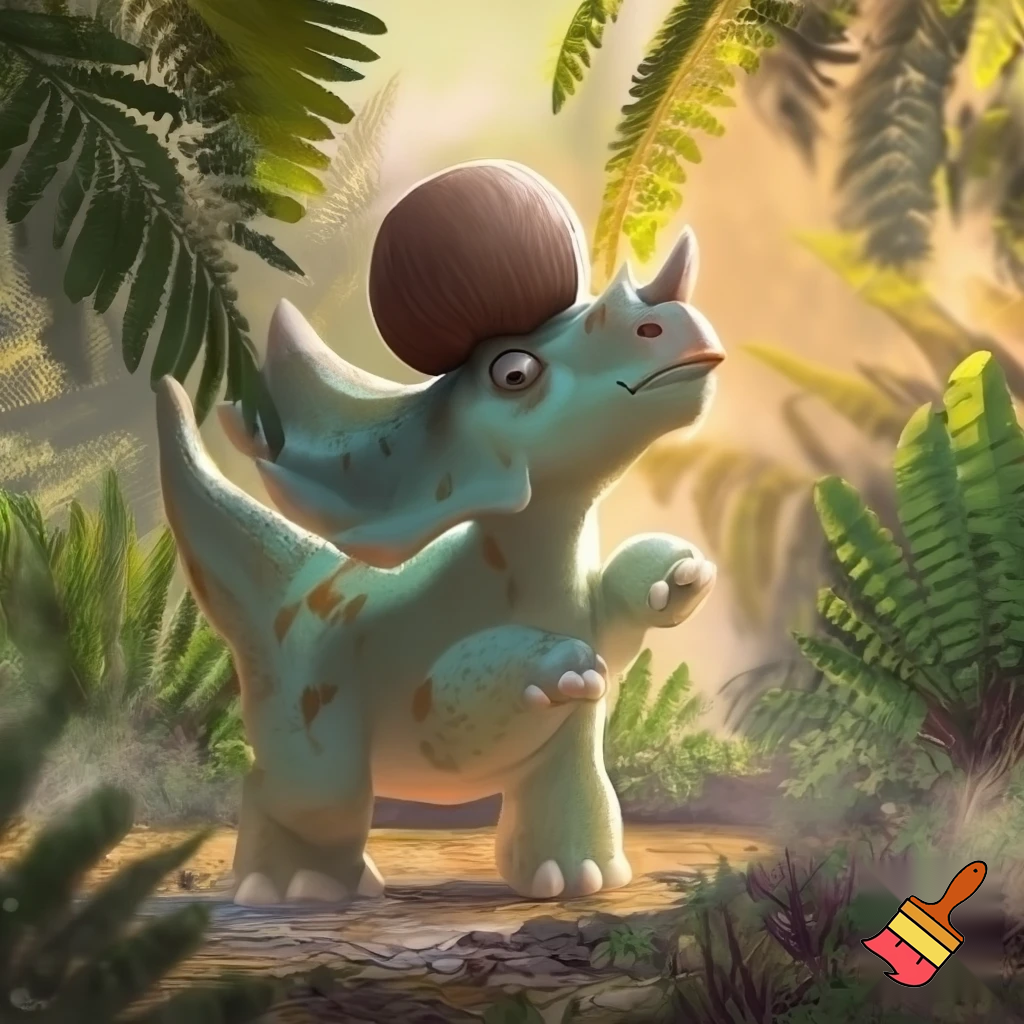 Draw a cute baby triceratops in the wild with a coconut nut shell on his nose horn 