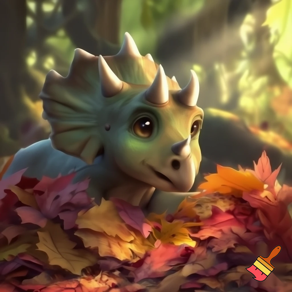 Draw a cute baby triceratops In the wild covering his head in a pile of leaves 