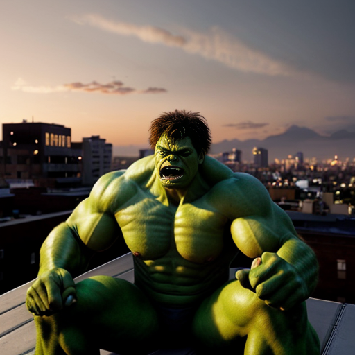 A giant green Hulk 🧟‍♂️ sitting on a rooftop at sunset with his girlfriend, soft golden sky, city lights glowing below, Hulk looking gentle and deeply in love, holding her hand carefully with his massive green fingers, emotional romantic atmosphere, cinematic lighting, ultra realistic, detailed expressions, 4k, dramatic sky