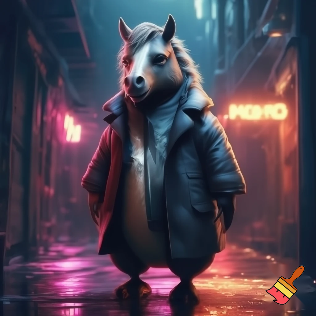 Half horse half  pengiun kicking in a trench coat