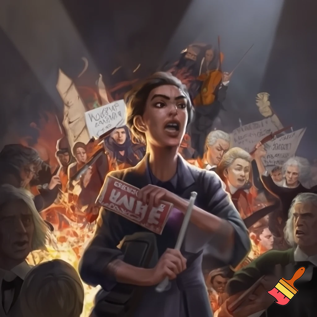 woman protesting violins with counter protesters being bach and motzart and there is people with signs fighting in the background smashing violins 