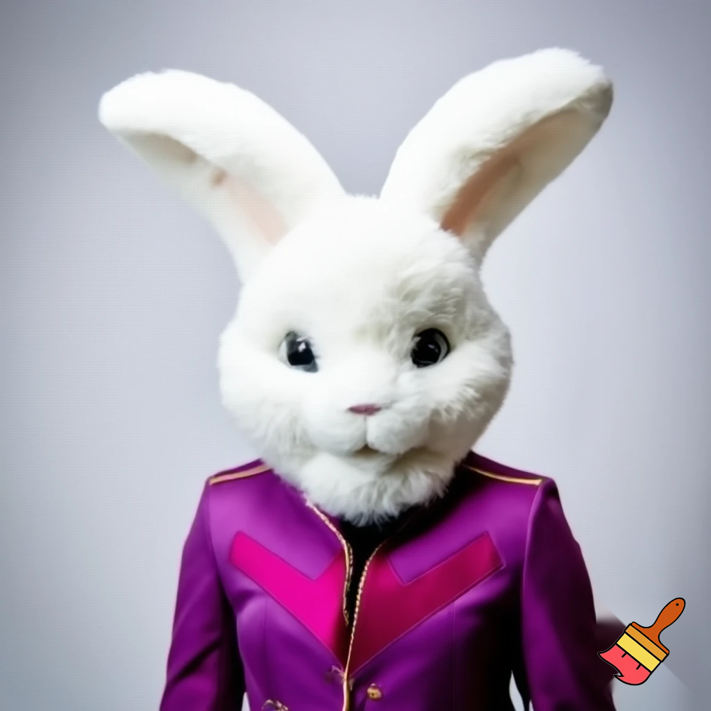 Easter bunny mascot costume top hat a colour face jacket purple and pink pink, purple and pink and gold purple and pink and gold