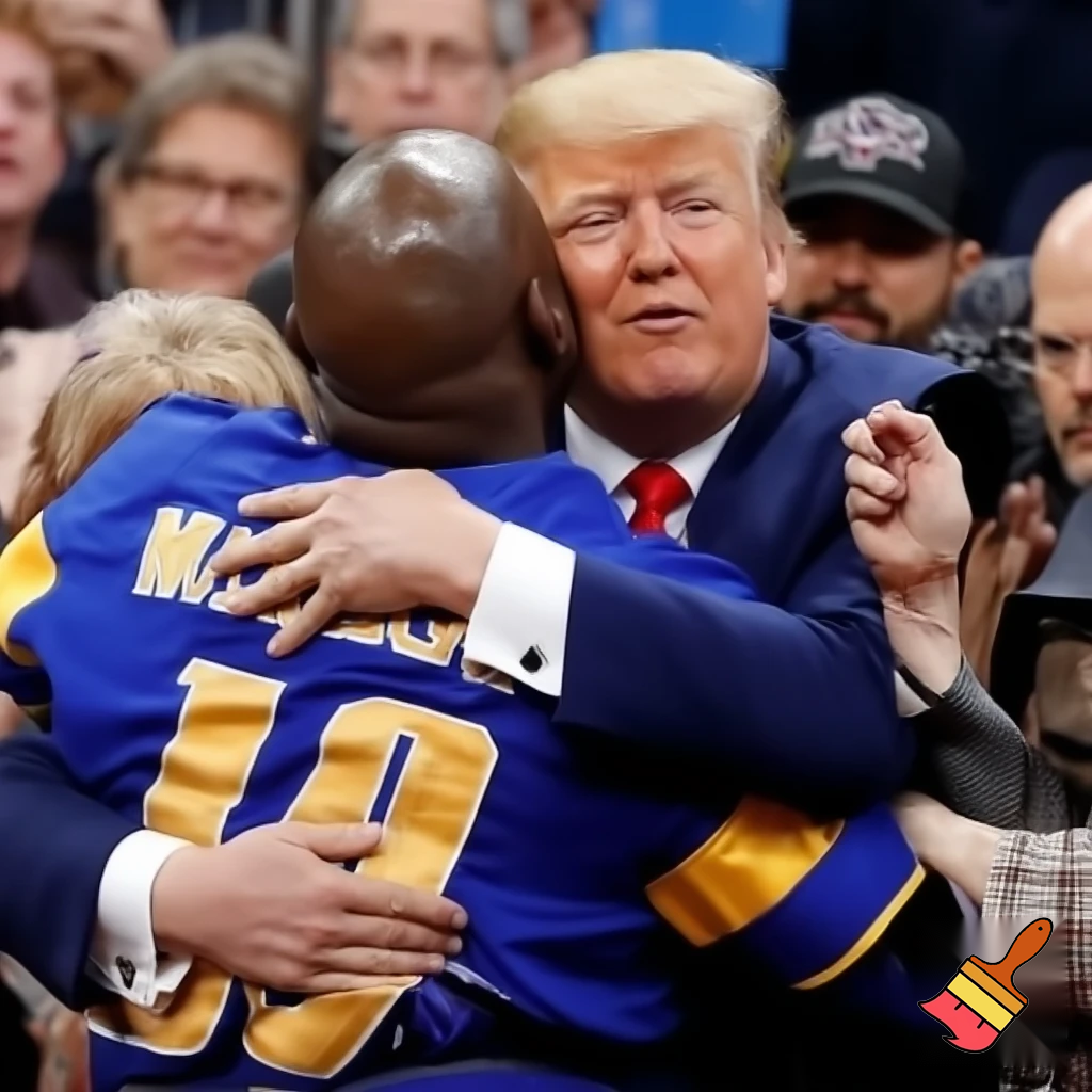 donald trump and crusader hugging blue and gold
