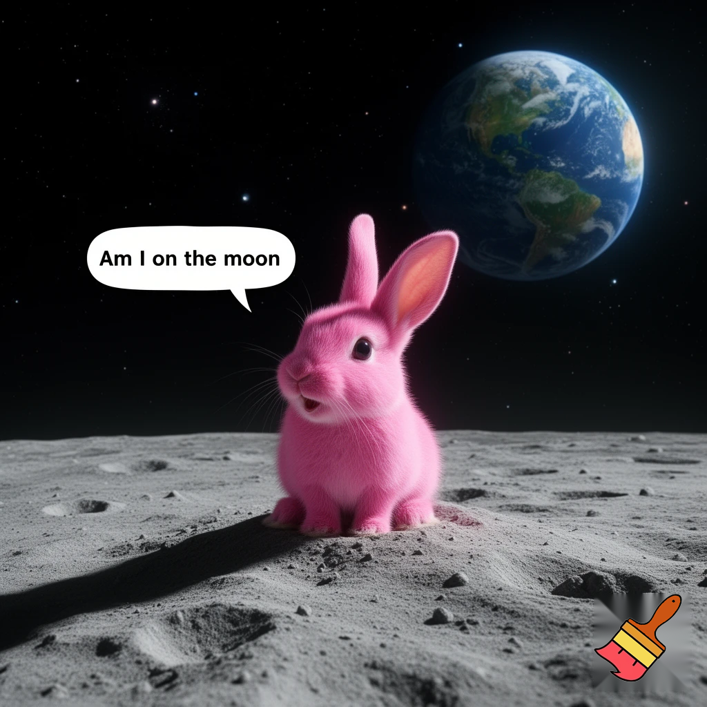pink rabbit on the moon saying am i on the moon