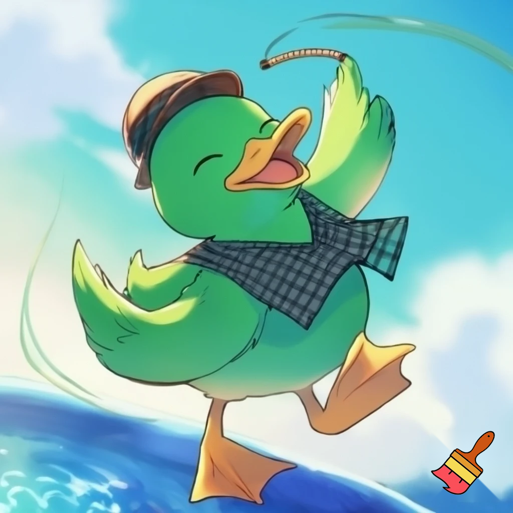 pato, feliz, desenho estilo anime, cor verde, roupa de pescador