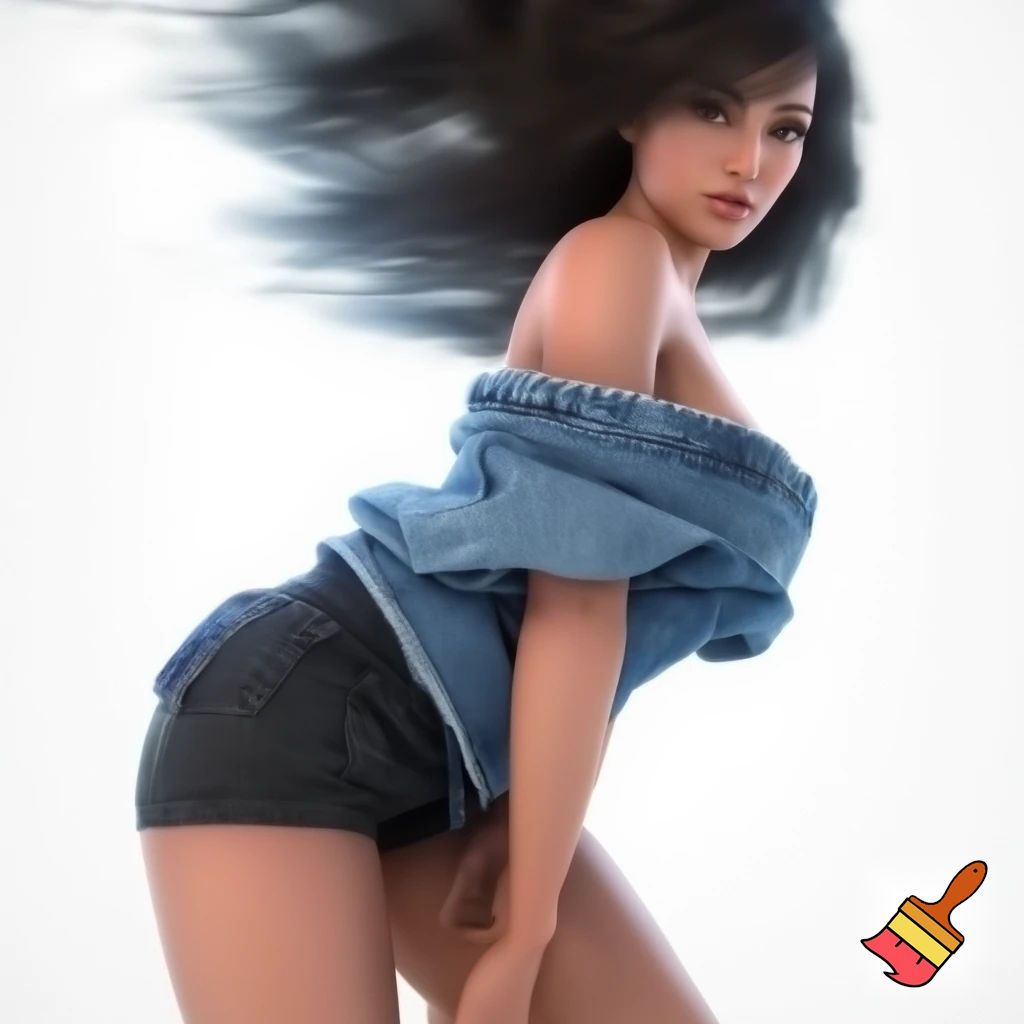 girl 20 years old so cool and cute is dressing a of shoulder dress and it’s very revealing and very cool short black jeans is standing in white screen make is so realistic