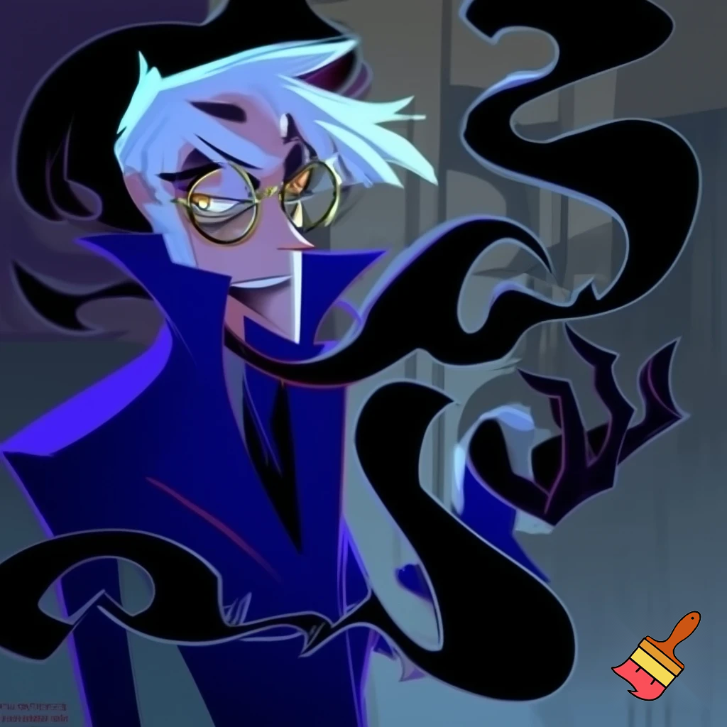 A tall, lean pale man with white hair, distinctive round brass glasses he has a stern look on his face. his face In cartoonish art style of hazbin hotel wearing his signature blue overcoat with black sinister smoke curling around him his hand reaching out, producing the black sinister smoke