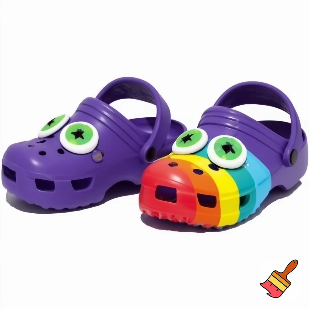 with white star pupils and bright green eyes and :3 smile and purple clogs with star rainbow bionic pastel red yellow blue clog backstraps in Panty & Stocking With Garterbelt style and hair covering both ears