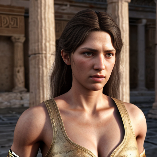 i would like an a ancient greek female fighter in clothes of 1821 of greece and lastly i want her to be a bit humerus