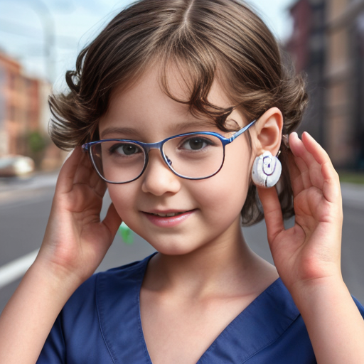 Cute adorable niña Chilindrina y con enfermera glasses con hair lazo curly con verano casual formal elegante sensual sexy con aparatos auditivos audífonos sordera con close up whispering touching ear each other secrets con paséo con ciudad 8