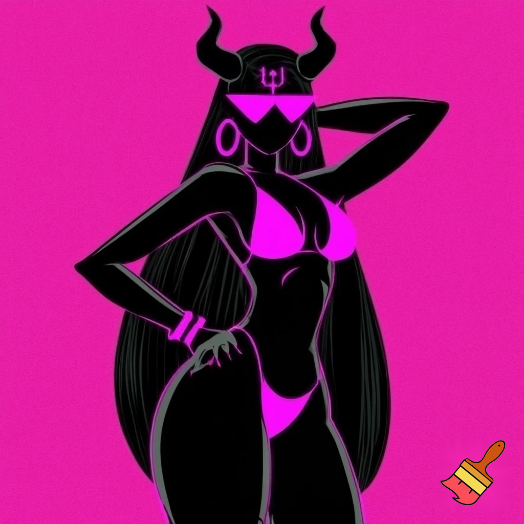 The image is a stylized illustration featuring a dark-skinned, possibly demonic or horned character, posing confidently against a vibrant hot pink background. The character has long, flowing dark hair and prominent horns that curve upwards from their head. Their eyes are obscured by a pair of sleek, triangular hot pink sunglasses.
They are depicted wearing a minimal hot pink bikini, consisting of a triangle top and a high-cut thong bottom. A distinctive symbol, resembling a trident or a stylized "psi" symbol, is visible on their forehead, also in hot pink. The character is adorned with large hoop earrings and a bracelet on their left wrist, all in matching hot pink.
Their body language suggests confidence, with one arm raised and bent behind their head, and the other hand resting on their hip. The overall style is bold and graphic, using strong outlines and a limited color palette of black and hot pink, creating a high-contrast and striking visual.
