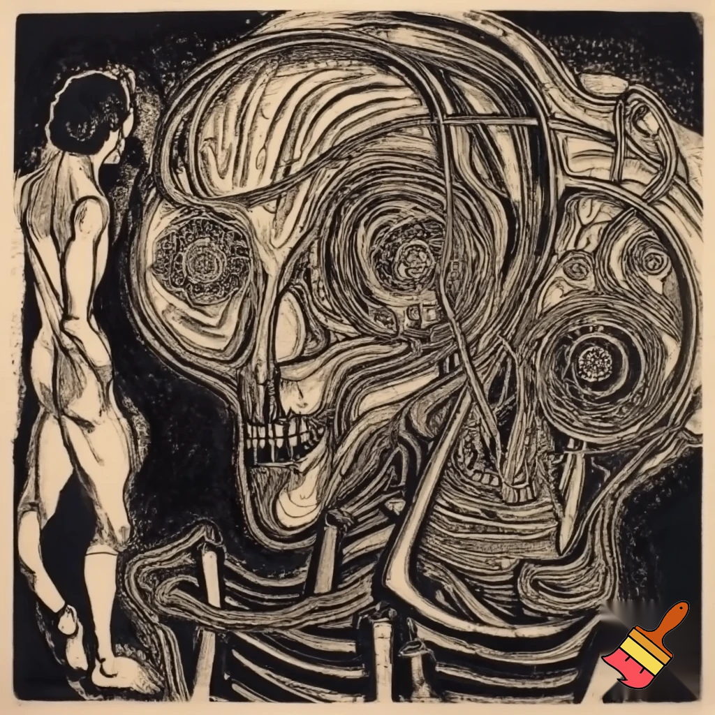 Bio-mechanical post-human noise art. In the style of a 1920's German Expressionist woodcut print.