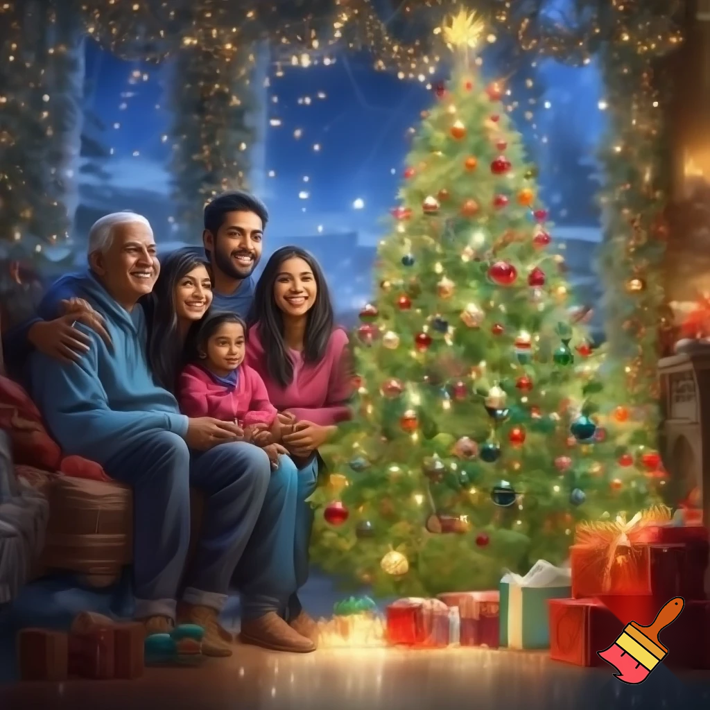 A warm and festive Christmas scene featuring a beautifully decorated Christmas tree with glowing lights, colorful ornaments, and wrapped gifts beneath it. A happy Indian family dressed in cozy winter clothes is gathered together, smiling and celebrating. The home is decorated with garlands, candles, and twinkling fairy lights. Through the window, gentle snowfall can be seen outside, creating a magical holiday atmosphere filled with joy, love, and togetherness.
