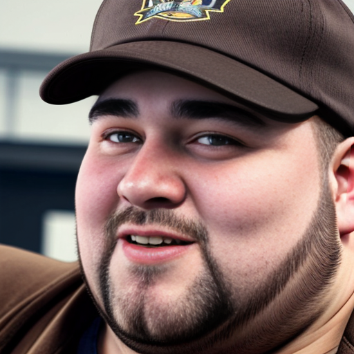 28 Year old Fat Guy with a big nose and has medium sized curly blonde hair and is wearing a plain brown cap