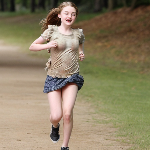 Dakota Fanning, young actress, her dress is torn, she is running through a wood, her breast is exposed, her sister Elle Fanning is running with her