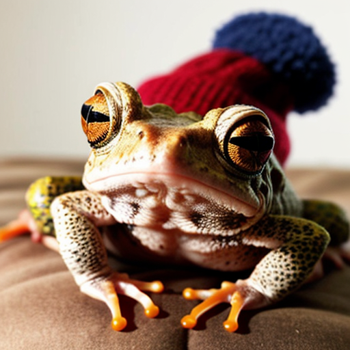 A laughable, puzzled animal toad in woolen, multicoloured winter clothings and with woolen winter cap. Hyperrealistic style.