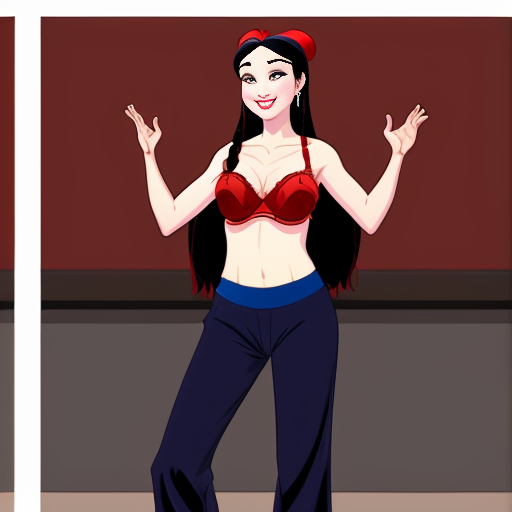 90's disney's 2d aladdin style comic dark blue background and panels of panel 1 Pocahontas barefoot with brown harem pants and bra with both hand palms place together and hiding the bottom of her mouth with a brown veil wrapped around her arms and attached to her head. 
panel 2 she danced with brown harem pants barefoot with brown bra and brown veil wrapped around her arms and shoulders and raising legs and 
panel 3 Pocahontas barefoot with brown harem pants and bra just bounced up and down her belly  and shook her hips left and right. 
panel 4 as Pocahontas barefoot with brown harem pants and bra spreading her arms, happily revealing her face to the viewer and giving a smile as she turns around shook her butt left and right. 
Panel 5 Pocahontas barefoot with brown harem pants and bra started to fading away , except her belly, which is bouncing around. 
Panel 6 then the ball transforms into the fading in belly of mulan  with red harem pants and red bra and red curved slippers with a  red veil wrapped around her arms and shoulders with her swaying her hips. 
Panel 7 mulan with red harem pants, red bra and red curved slippers and with a red veil wrapped around her arms and shoulders and with her hand palms place together between her chest and she gives a smile and winking her left eye. 