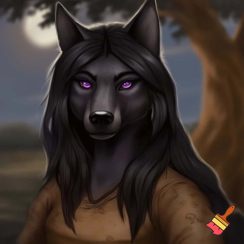 Anthro female black wolf with long pretty black hair and purple eyes, wearing a brown medieval shirt
